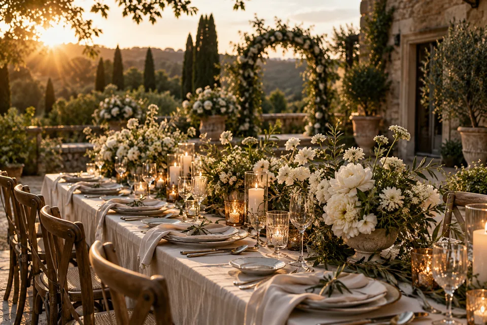 Generated concept photograph of a candlelit garden reception with white flowers